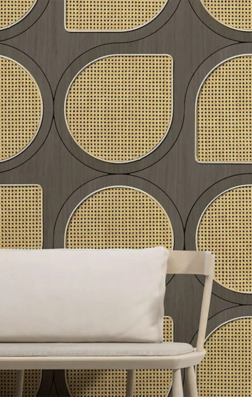 rattan weave wallpaper beside bench